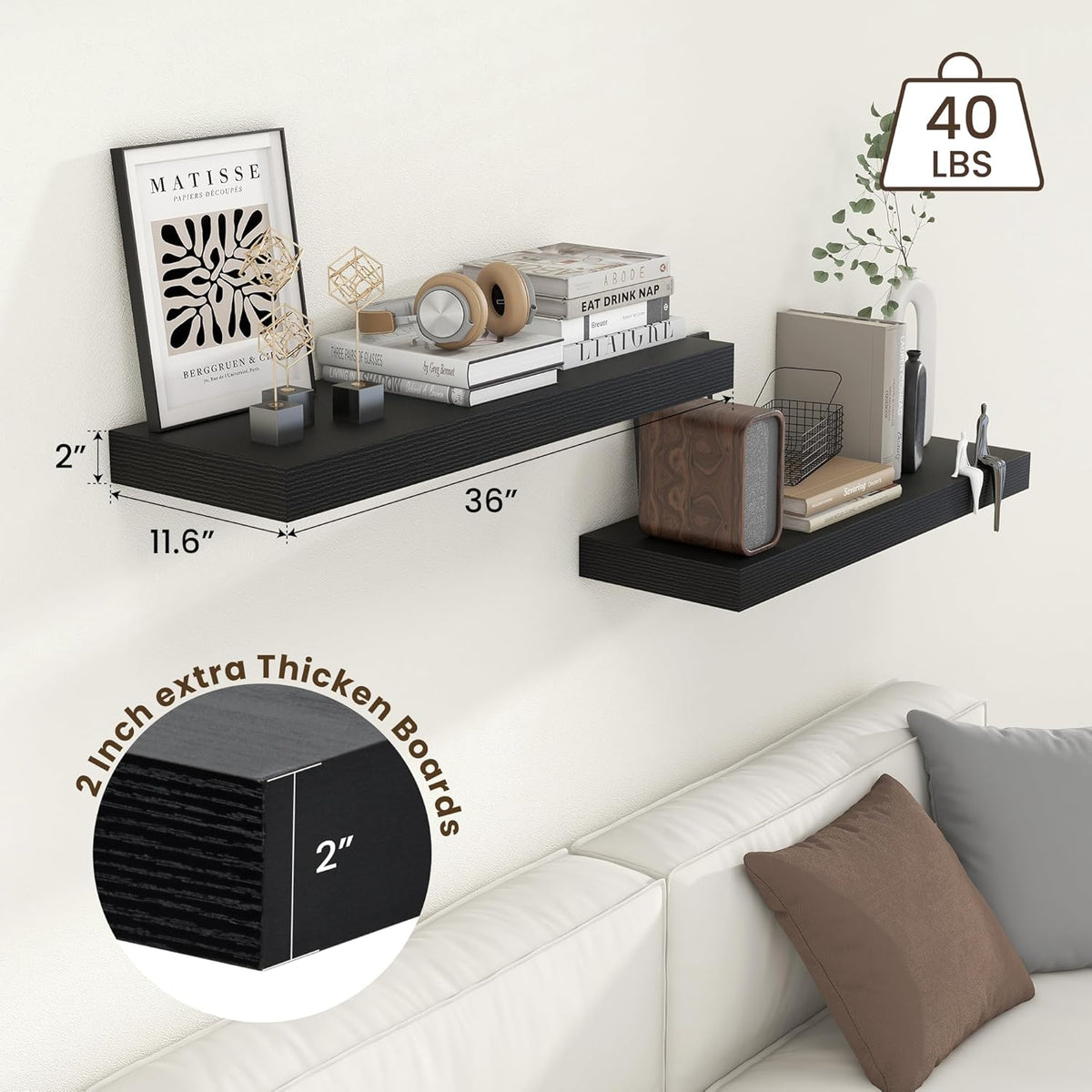 Deep Floating Shelves for Wall, 12'' Deep Large Floating Shelves Set of 2, 36 Inch Distressed Black