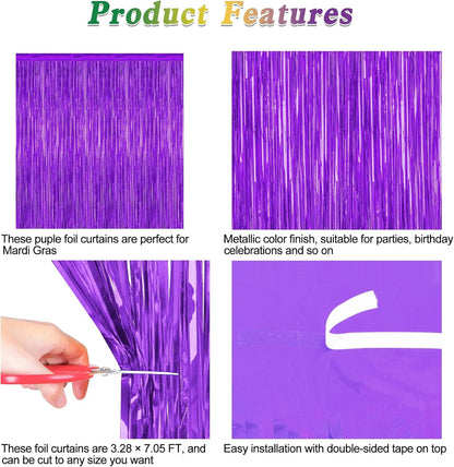 2 Pack Backdrop Curtains, 3.28 FT x 7.05 FT Purple Tinsel Backdrop, Metallic Purple Backdrop Fringe