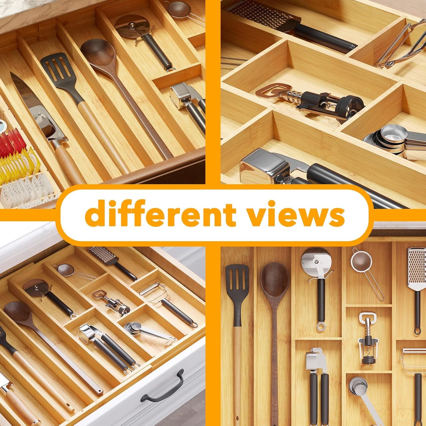 SpaceAid Bamboo Utensil Drawer Organizer with Labels, Kitchen Silverware Expandable Tray Holder