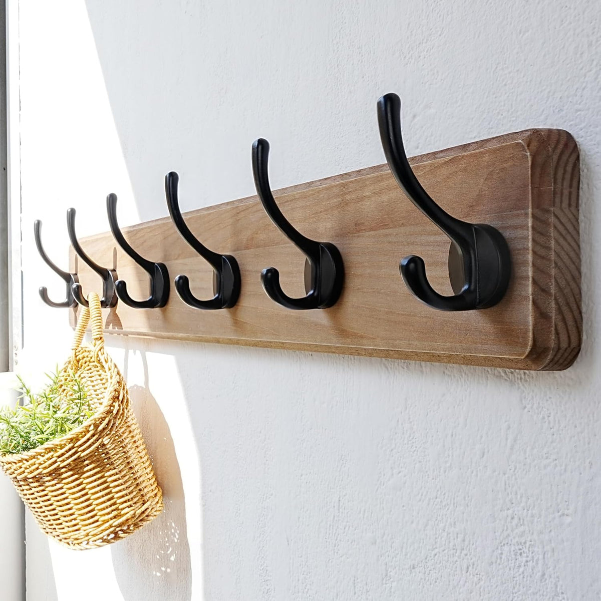 Dseap Wall Mounted Coat Rack: 24" Long, Patented, Heavy-Duty, 6-Double-Hooks Wooden Hanger Rail for