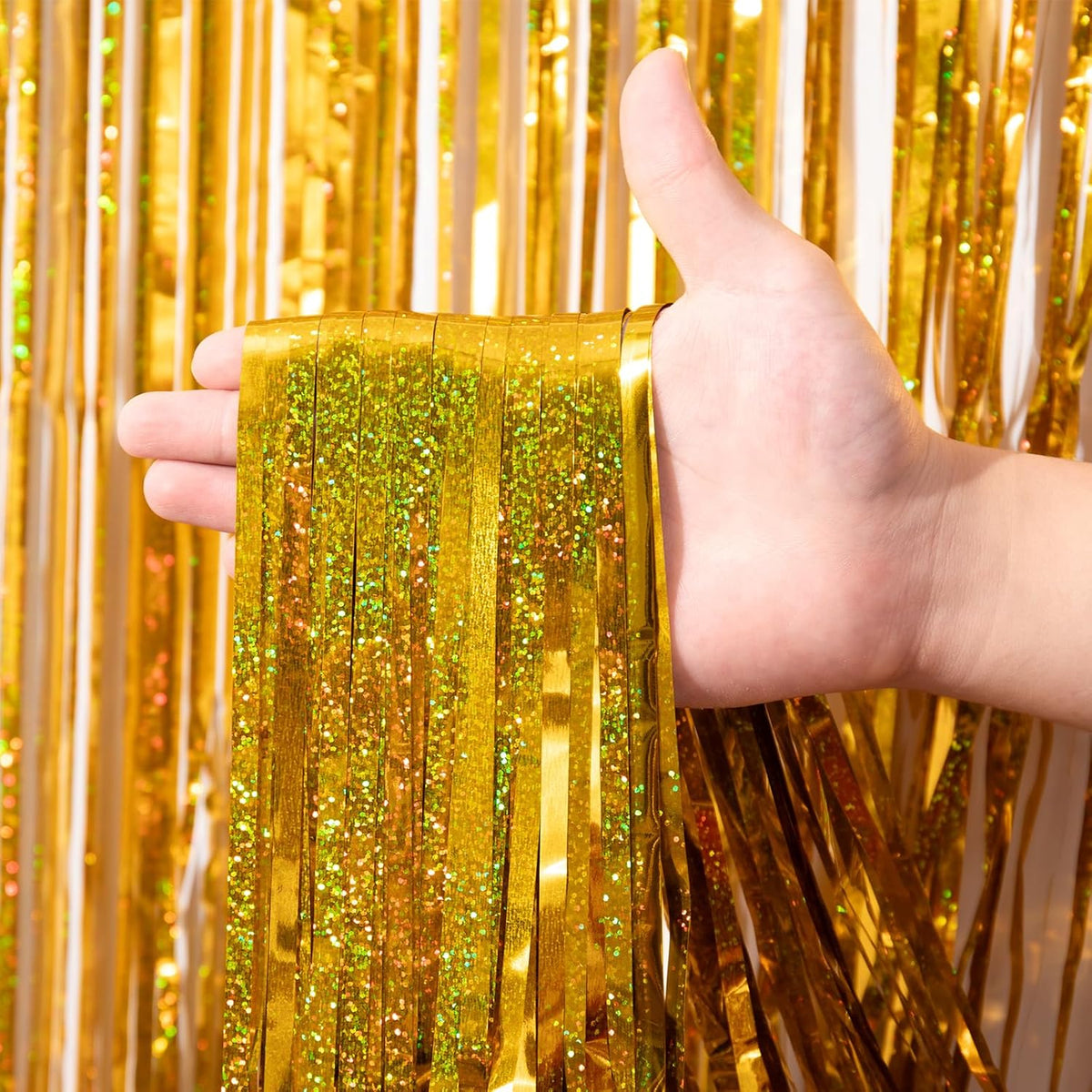 3 Pack 3.3 x 8.2 ft Laser Gold Foil Fringe Backdrop Curtains, Tinsel Streamers Birthday Party