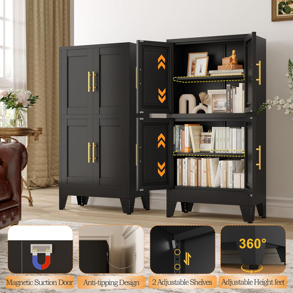 47.25" Metal Storage Cabinet, Black Kitchen Food Storage with 4 Door and 2 Adjustable Shelves