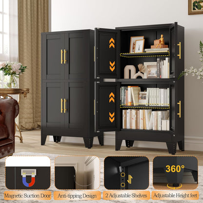 47.25" Metal Storage Cabinet, Black Kitchen Food Storage with 4 Door and 2 Adjustable Shelves