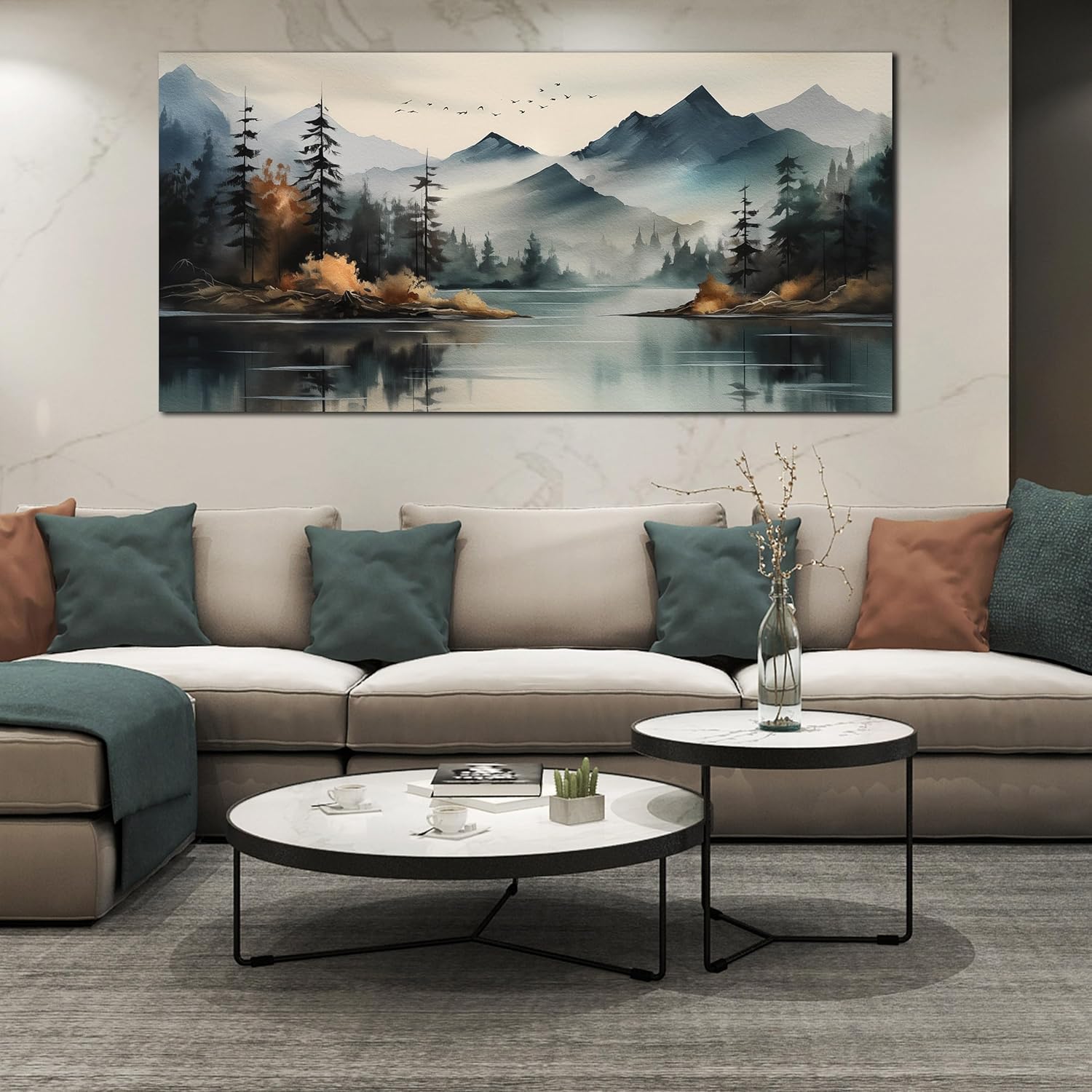 Rustic Wall Art for Living Room Large Size Teal Mountain Tree Landscape Canvas Wall Art for Bedroom