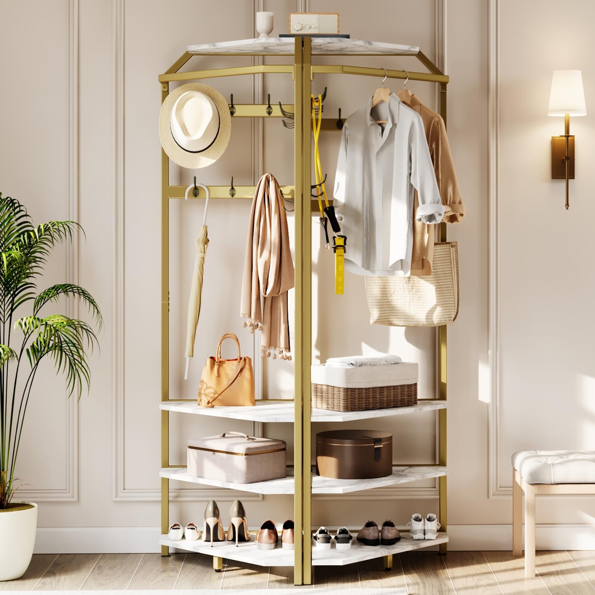 IDEALHOUSE Corner Coat Rack With Shoe Bench and 6 Double Hooks, Corner Hall Tree - Clothes Rack