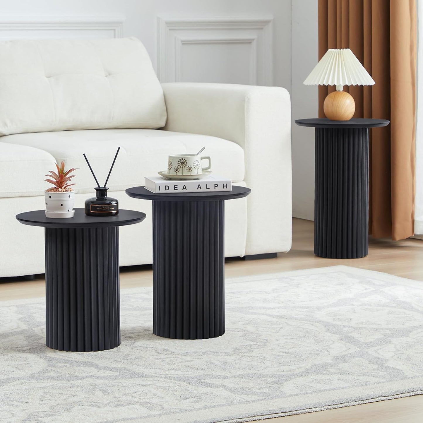 Round Nesting Coffee Table Set of 3,Mid Century Modern Fluted Coffee and End Table Set,Small Circle