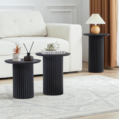 Round Nesting Coffee Table Set of 3,Mid Century Modern Fluted Coffee and End Table Set,Small Circle