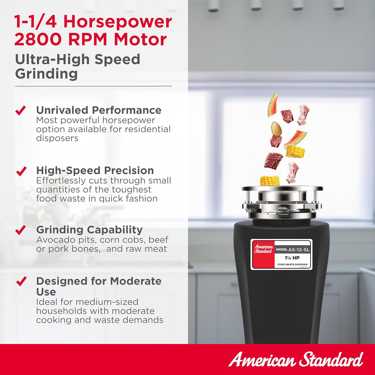 American Standard 10-US-AS-12-SL Garbage Disposal Anti-Jam Stainless Steel Food Waste Grinding
