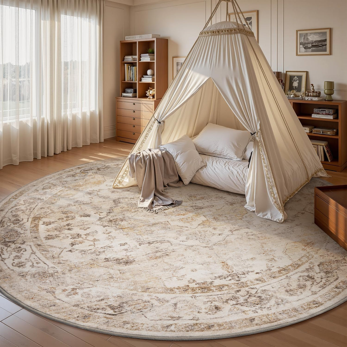 AMOAMI-6FT Round Rug-Rugs for Living Room-Vintage Soft Beige Rugs for Bedroom-Non Slip Circle