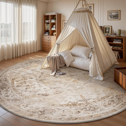 AMOAMI-6FT Round Rug-Rugs for Living Room-Vintage Soft Beige Rugs for Bedroom-Non Slip Circle