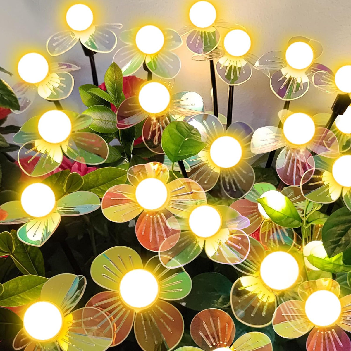 Solar Garden Lights Outdoor, New Upgraded 4-Pack Firefly Solar Lights with Iridescent Petals & Warm