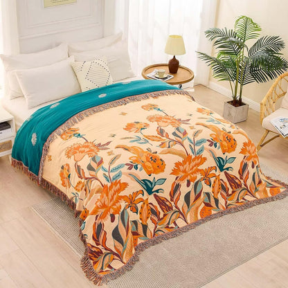 Boho Throw Blanket for Bed, 100% Cotton Soft Rustic Quilt Fall Blanket, 80" 90" Floral Printed