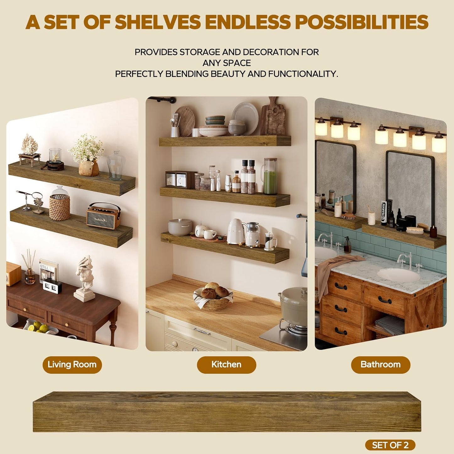 Floating Shelves 3 inch Thick for Wall Set of 2,Solid Pine Wood Wall Mount Shelf for Kitchen Living
