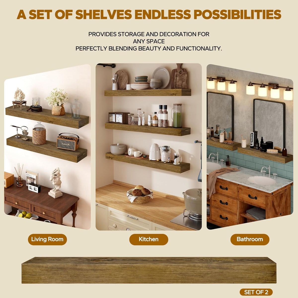 Floating Shelves 3 inch Thick for Wall Set of 2,Solid Pine Wood Wall Mount Shelf for Kitchen Living