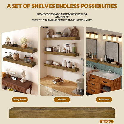 Floating Shelves 3 inch Thick for Wall Set of 2,Solid Pine Wood Wall Mount Shelf for Kitchen Living