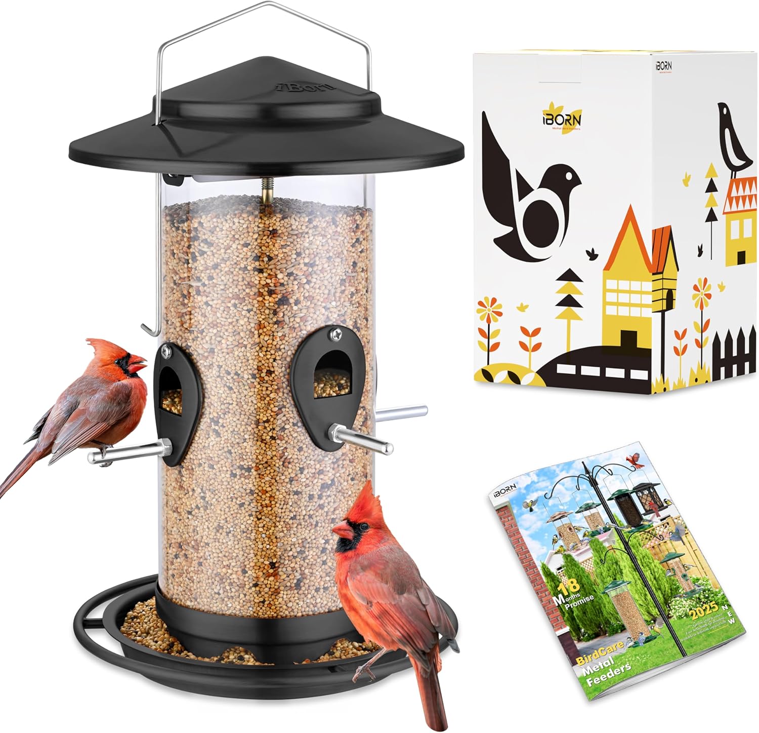 iBorn Metal Bird Feeder for Outside Hanging,Wild Bird Feeders for Cardinal,18cm Large Roof&Tray