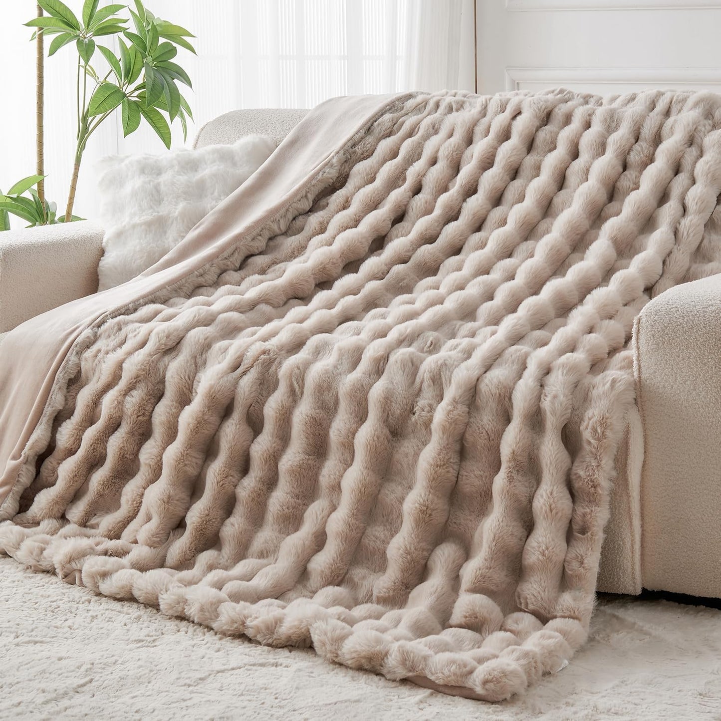 Lotus Karen Faux Fur Throw Blanket Linen - 800 GSM Bubble Rabbit Fluff Blanket for Couch Bed