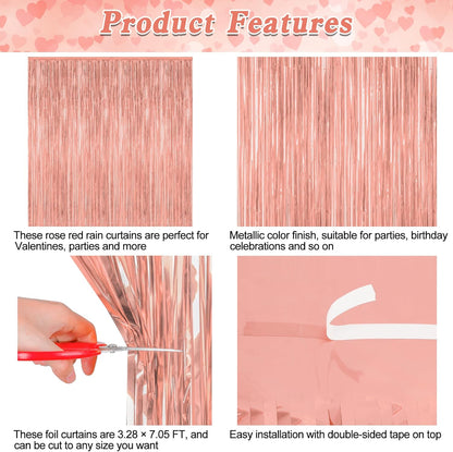 2 Pack Rose Gold Decorations, 3.28 FT x 7.05 FT Rose Gold Fringe Curtains, Metallic Photo Backdrop