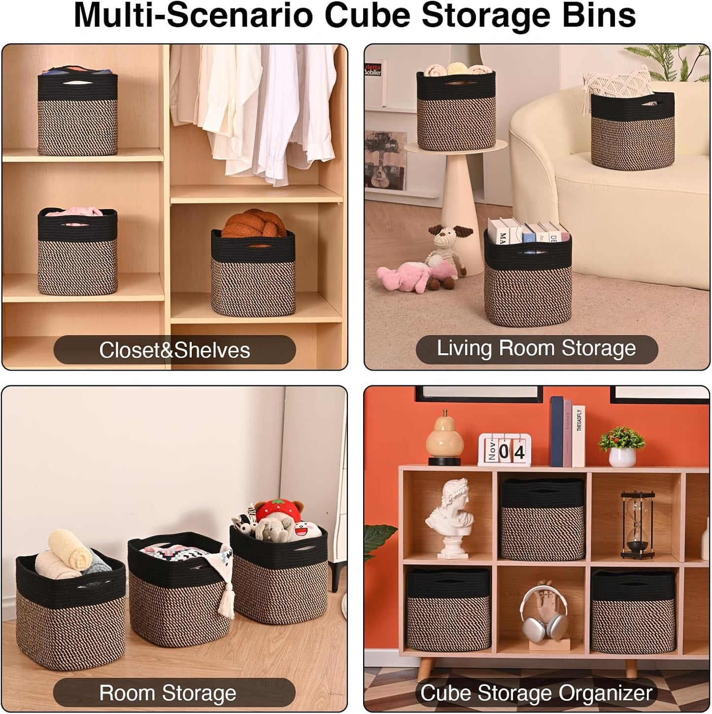 11 Inch Cube Storage Bins, Storage Cube Organizer Bins, Woven Cotton Rope Baskets for Storage