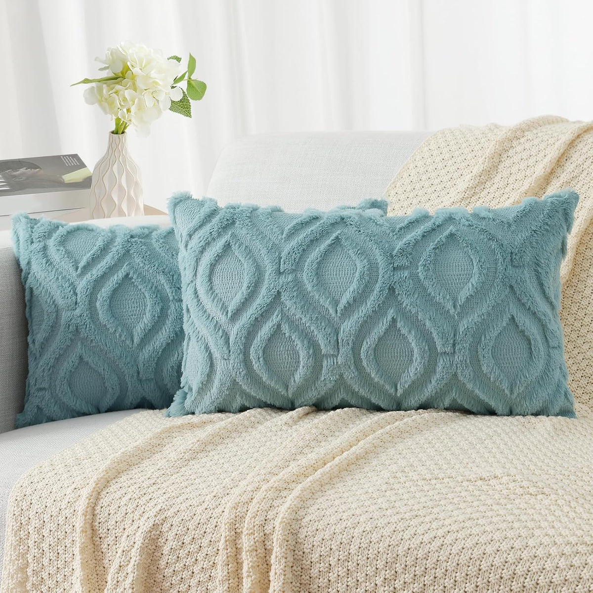 decorUhome Fall Throw Pillow Covers 12x20 Inch Set of 2, Soft Plush Decorative Faux Fur Aqua Solid