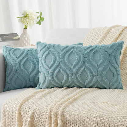 decorUhome Fall Throw Pillow Covers 12x20 Inch Set of 2, Soft Plush Decorative Faux Fur Aqua Solid