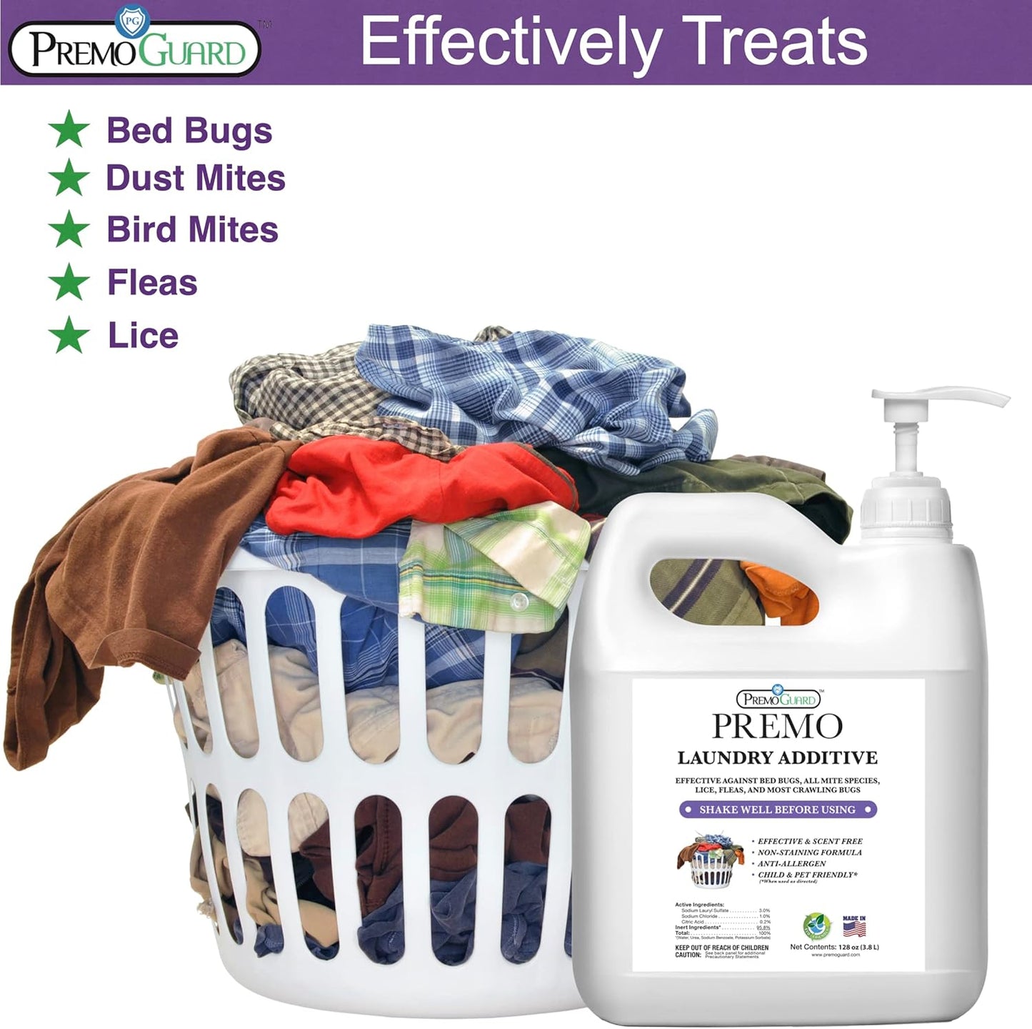 Premo Guard Bed Bug, Mite & Lice Laundry Detergent Additive 128 oz – Child & Pet Friendly – Stain &
