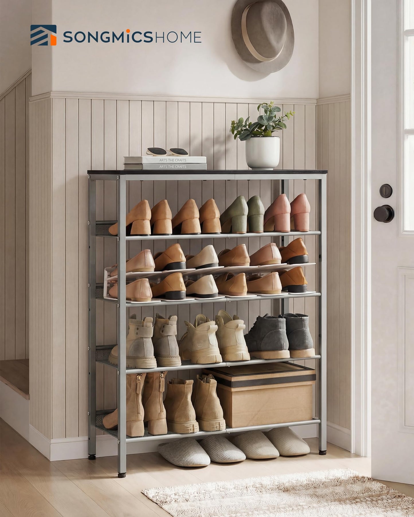 SONGMICS HOME 5 Tier Shoe Storage Organizer, Freestanding Shoe Rack, Dense Mesh, for Living Room