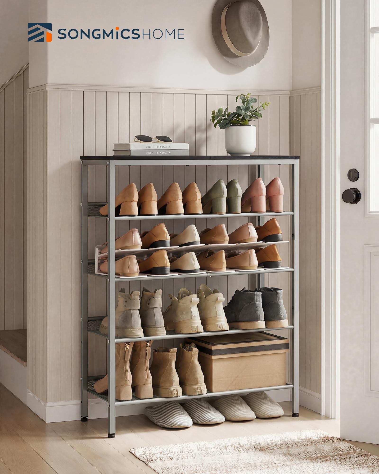 SONGMICS HOME 5 Tier Shoe Storage Organizer, Freestanding Shoe Rack, Dense Mesh, for Living Room