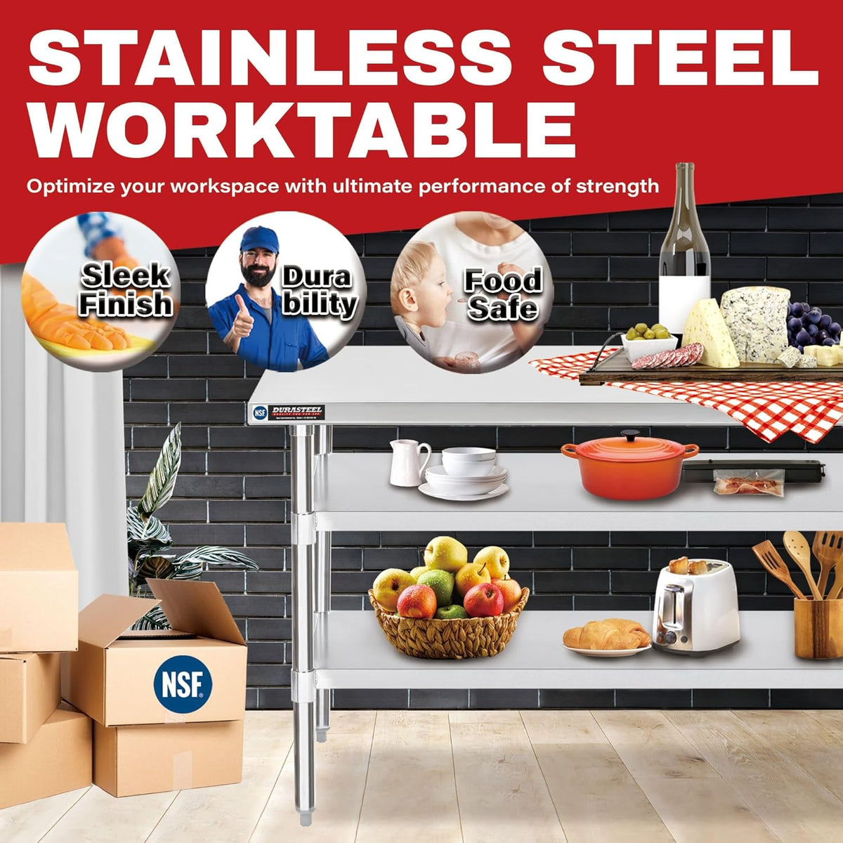 DuraSteel Food Prep Stainless Steel Table - 30 x 72 Inch Commercial Metal Workbench with Adjustable