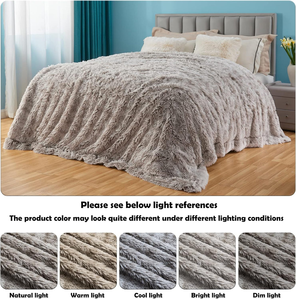 GONAAP Fuzzy Faux Fur Throw Blanket Frosty Grey Super Soft Cozy Plush Fuzzy Shaggy Blanket for