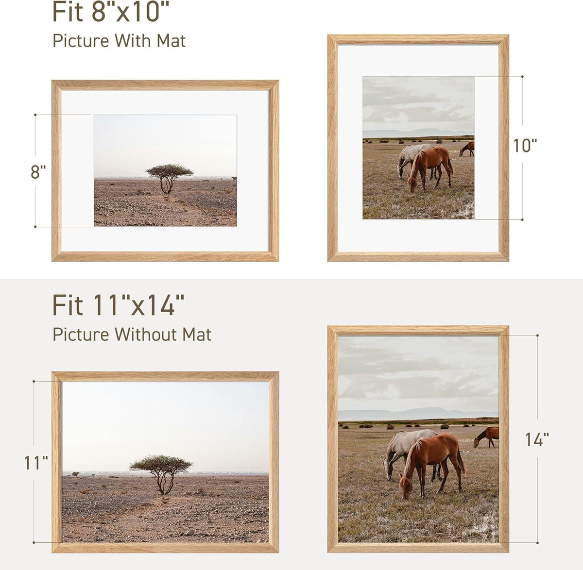 11x14 Picture Frame Set of 4 Natural Solid Oak Photo Frames with 8x10 Removable Mat Wall Hanging