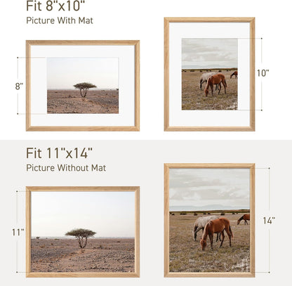 11x14 Picture Frame Set of 4 Natural Solid Oak Photo Frames with 8x10 Removable Mat Wall Hanging