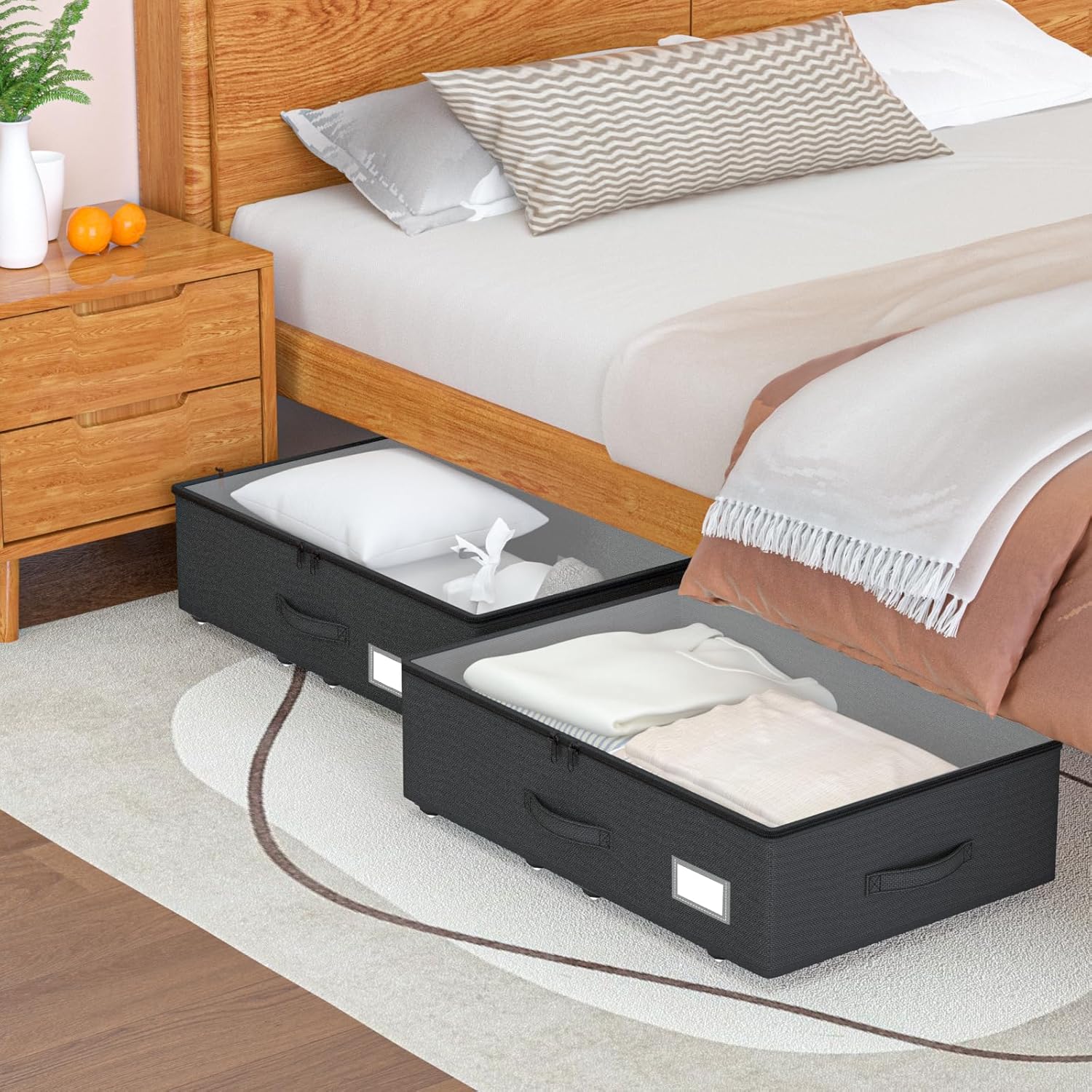 Underbed Storage Bins with Wheels, No Assembly Required - 7.5 inch height Black Large Capacity