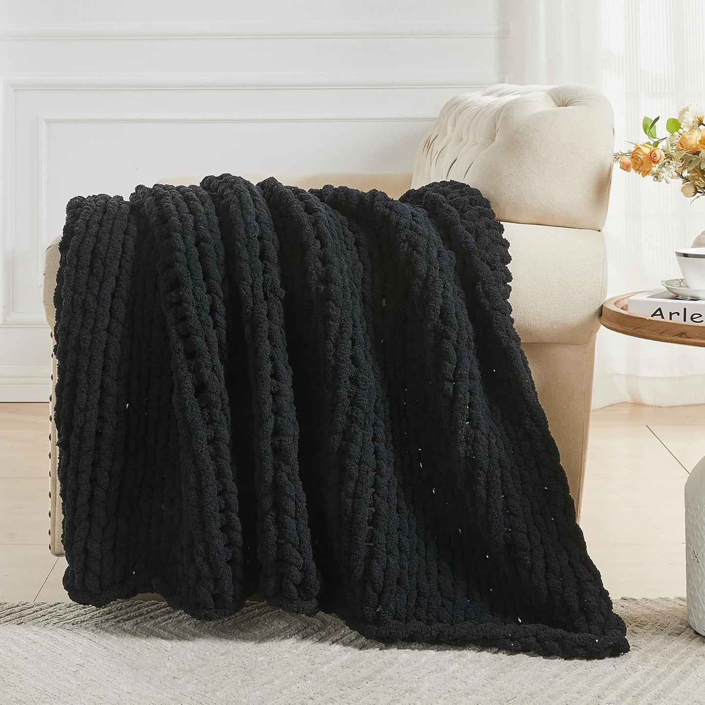 Carriediosa Chunky Knit Throw Blanket 50" X 60", 100% Hand Made Large Chenille Loop Yarn Soft