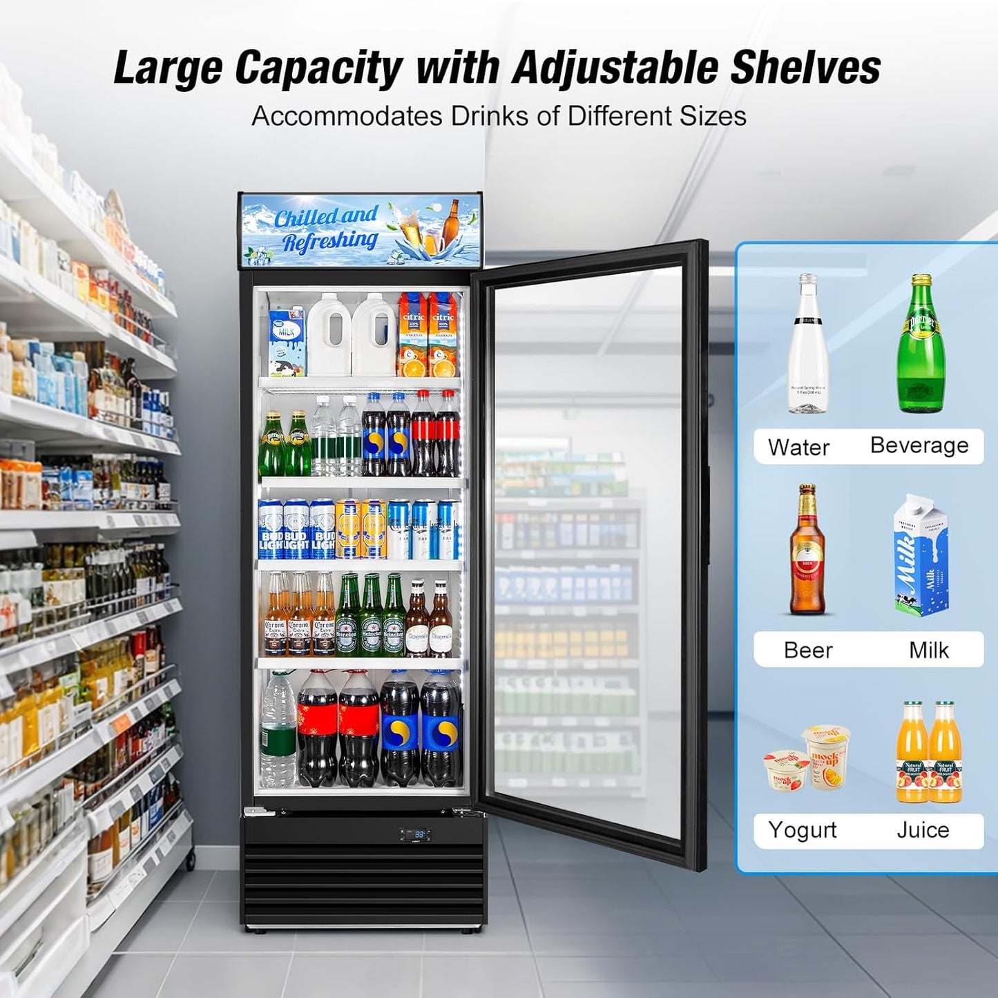 Commercial Beverage Refrigerator, 24 Inch Beverage Fridge, 15 Cu. Ft. Drink Fridge, Display
