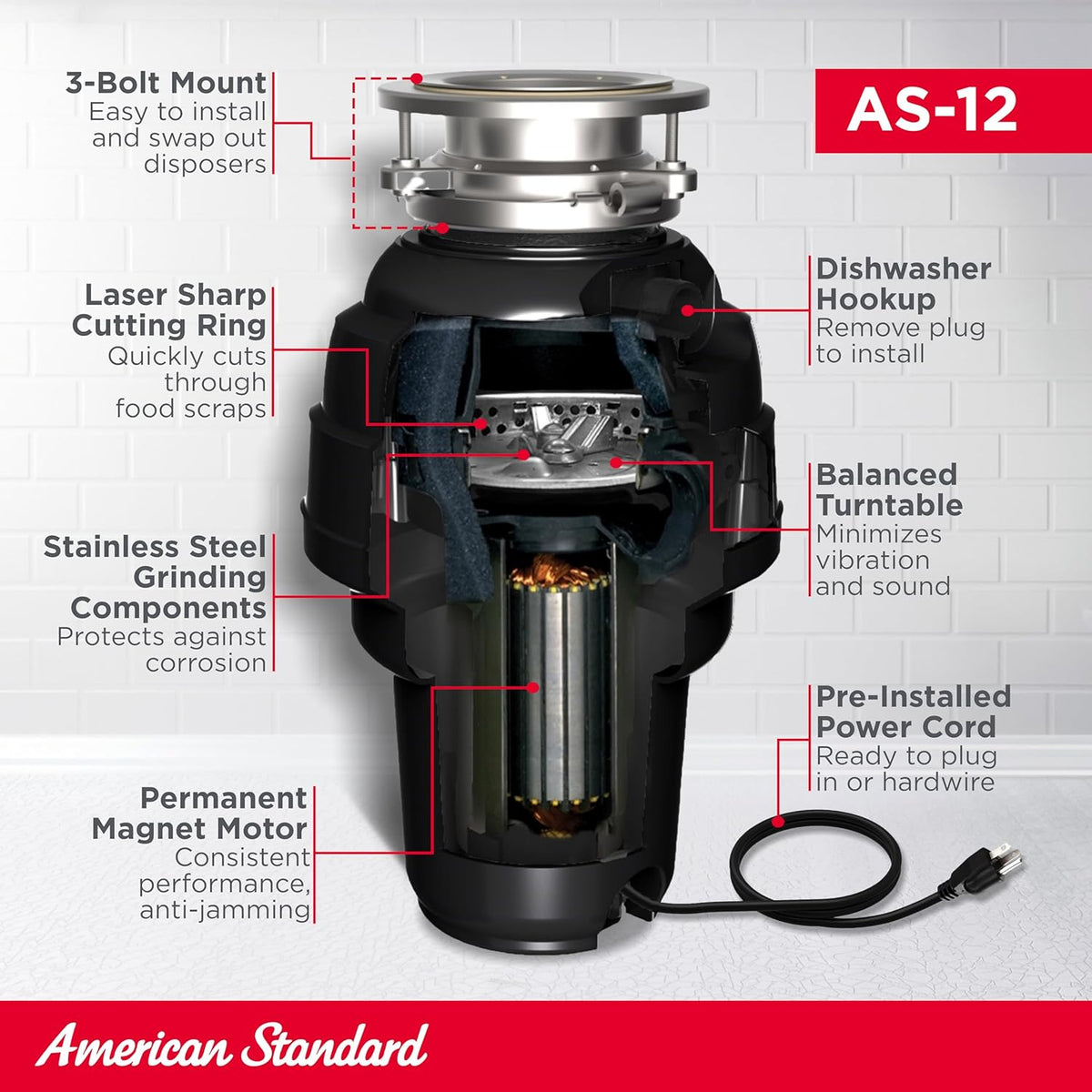 American Standard 10-US-AS-12 Garbage Disposal Anti-Jam Stainless Steel Food Waste Grinding System