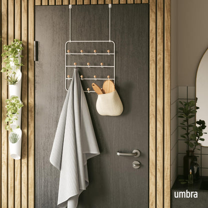 Umbra Estique Coat Rack, Over the Door Wall Hooks, 14 Hook, White/Natural