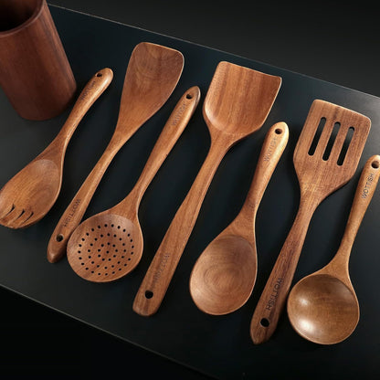 Wooden Spoons for Cooking - 8-Piece Wooden Kitchen Utensil Set made of Natural Solid Wood Material
