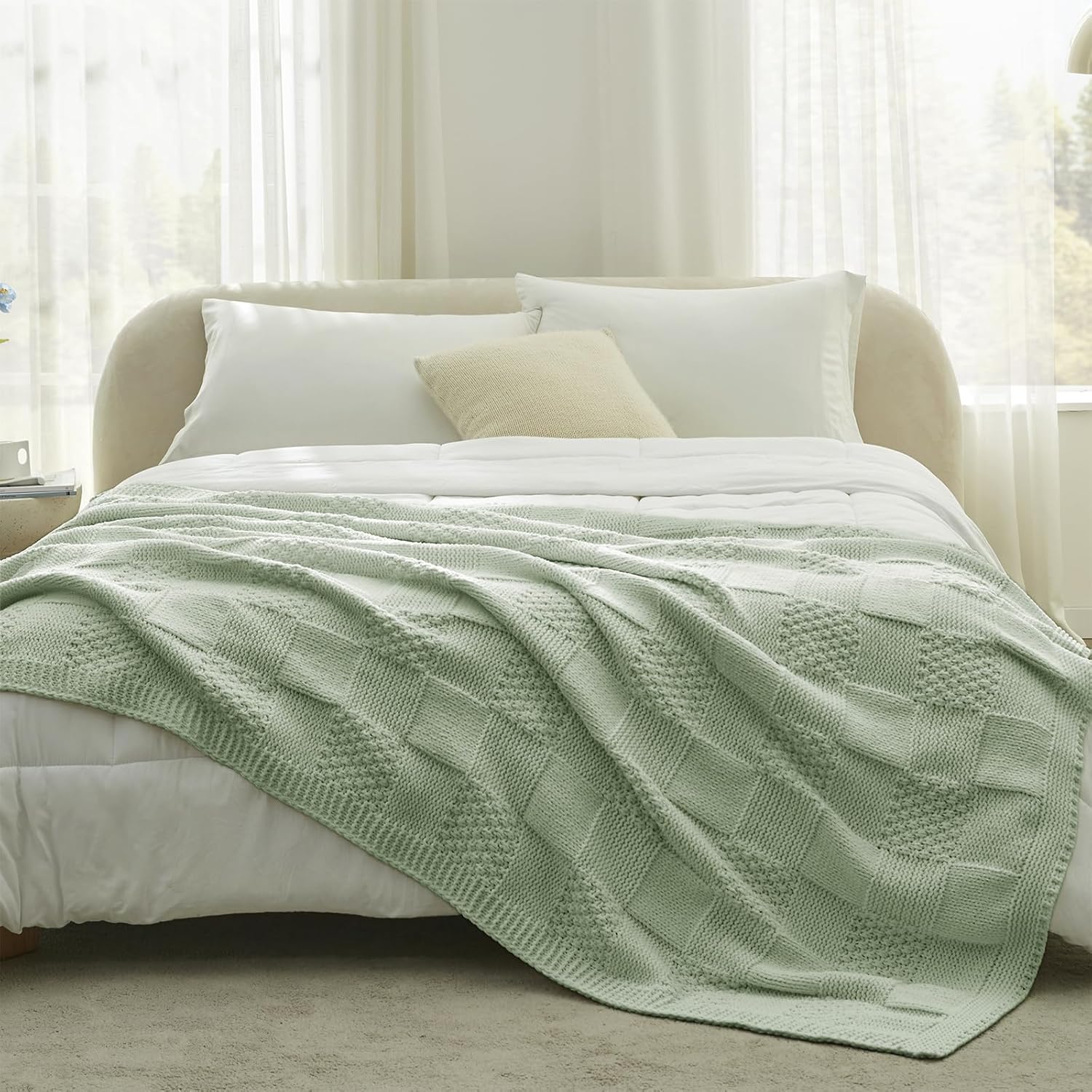 Amélie Home Chenille Knit Throw Blanket for Couch, Checkered Texture Decorative Soft Blanket for