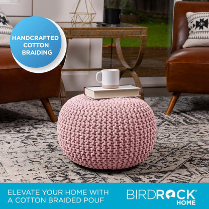 BIRDROCK HOME Round Pouf Ottoman | Cotton Braided Foot Stool with Bean Bag Filling | Boho Foot Rest