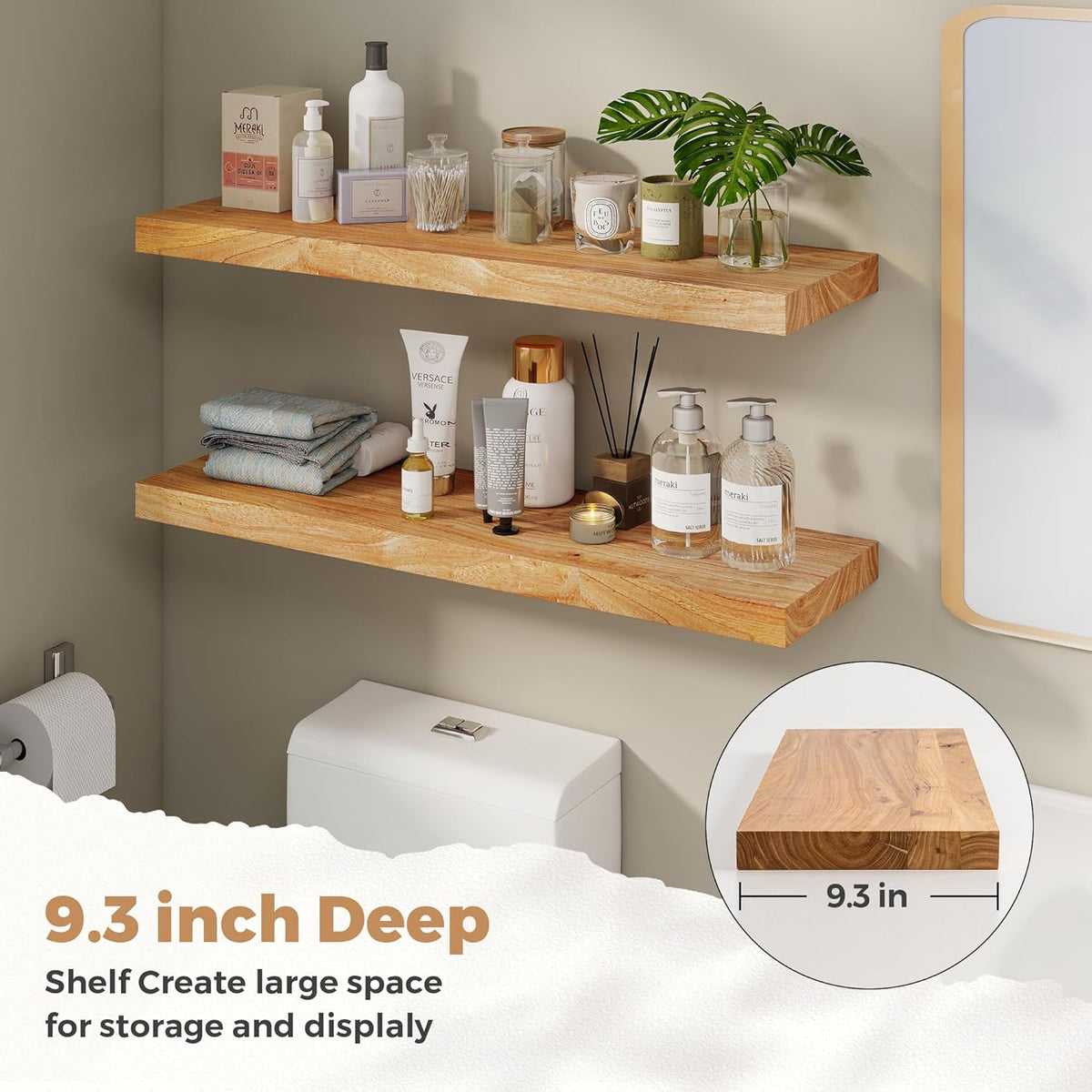 RICHFOCUS Elm Floating Shelves for Wall - 36" W x 9.3" D Rustic Solid Wood Shelves with Invisible