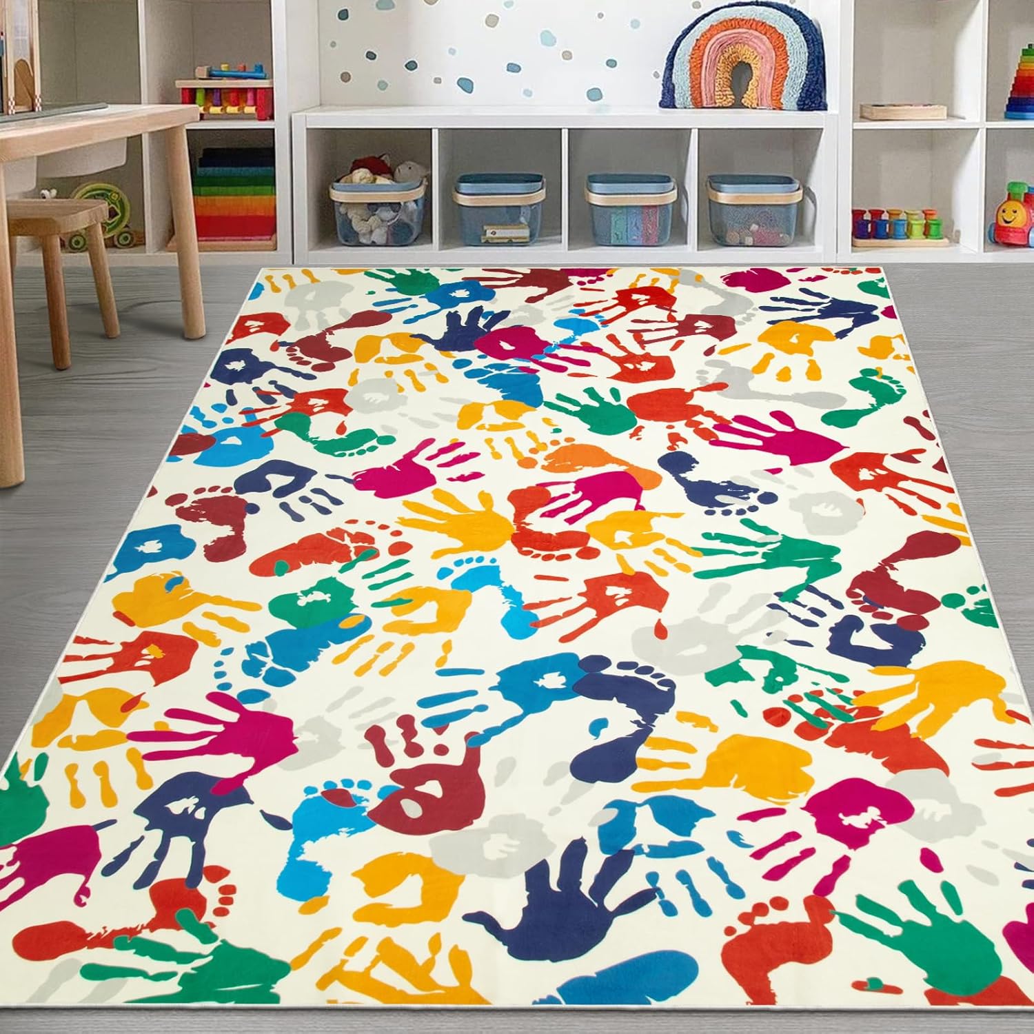 STARUIA Large Colorful Kids Rug 6x9 Ft, Non-Slip Washable Rugs for Classroom, Handprints and