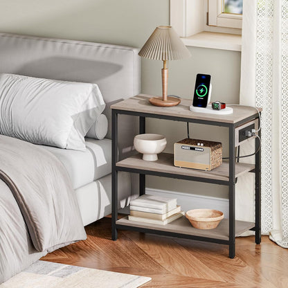 HOOBRO End Table with Charging Station, Simple Rustic Side Table with 3-Tier Storage Shelf, Narrow