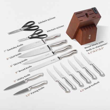 ZHANG XIAO QUAN SINCE 1628 15Pcs Knife Block Set,kitchen knife set with Built-in Sharpener