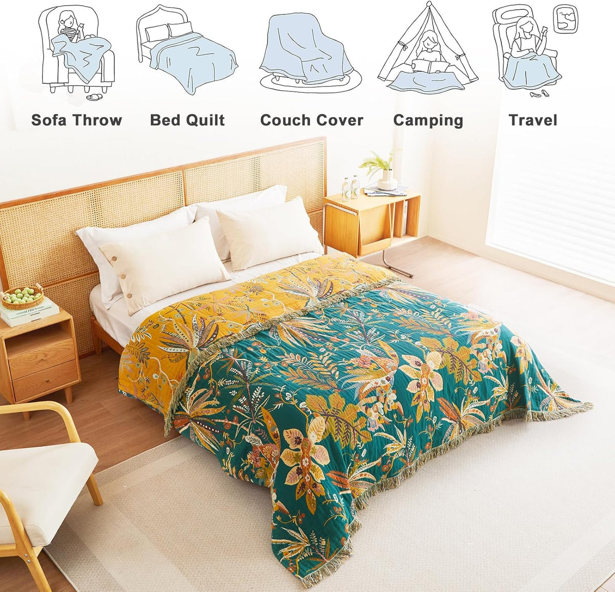 MSGKV Boho Throw Blanket for Couch Bed Chair 100% Cotton Muslin Breathable Embroidery Blanket