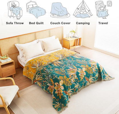 MSGKV Boho Throw Blanket for Couch Bed Chair 100% Cotton Muslin Breathable Embroidery Blanket