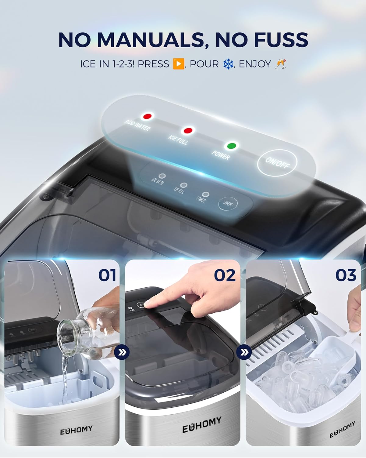 EUHOMY Countertop Ice Maker Machine with Handle, 26lbs Per Day, 9 Ice Cubes Ready in 6 Mins