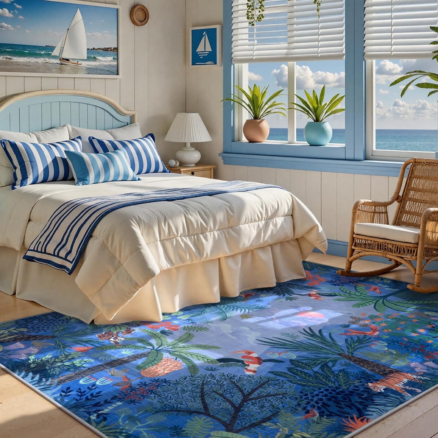 LIVEBOX Washable Jungle Animal Print 5x7 Blue Rug for Living Room, Non-Slip Kids Bedroom Rugs for