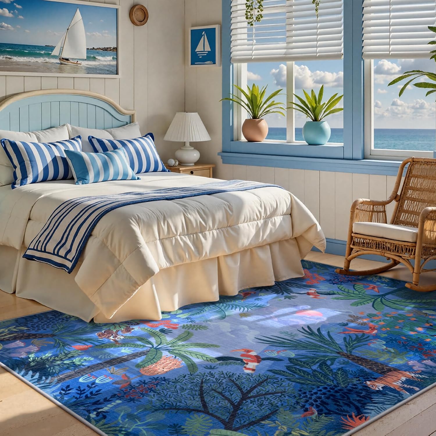 LIVEBOX Washable Jungle Animal Print 5x7 Blue Rug for Living Room, Non-Slip Kids Bedroom Rugs for