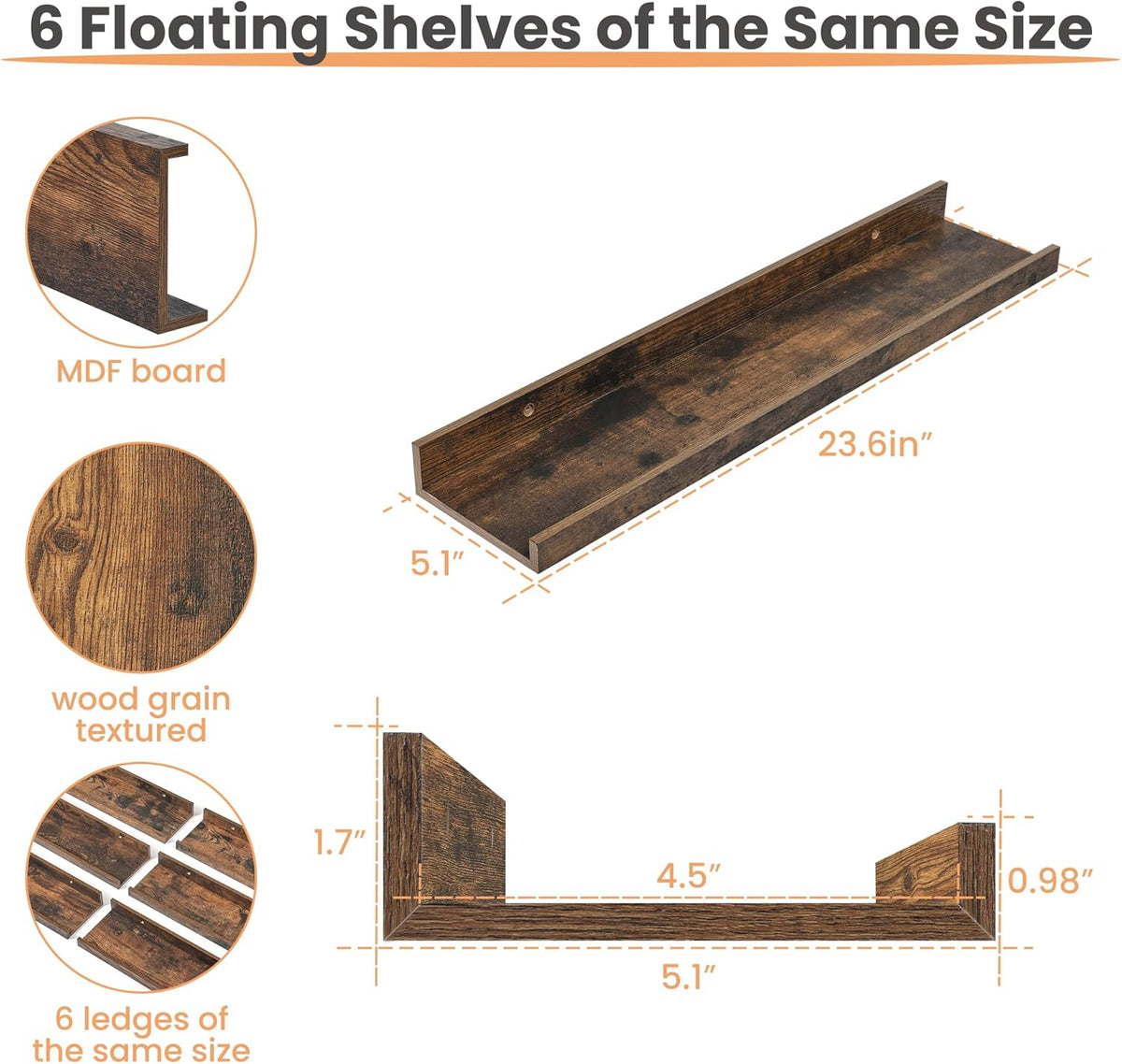 upsimples Floating Shelves for Wall, Wall Shelves for Decor Storage Set of 6, Wall Mounted Wood